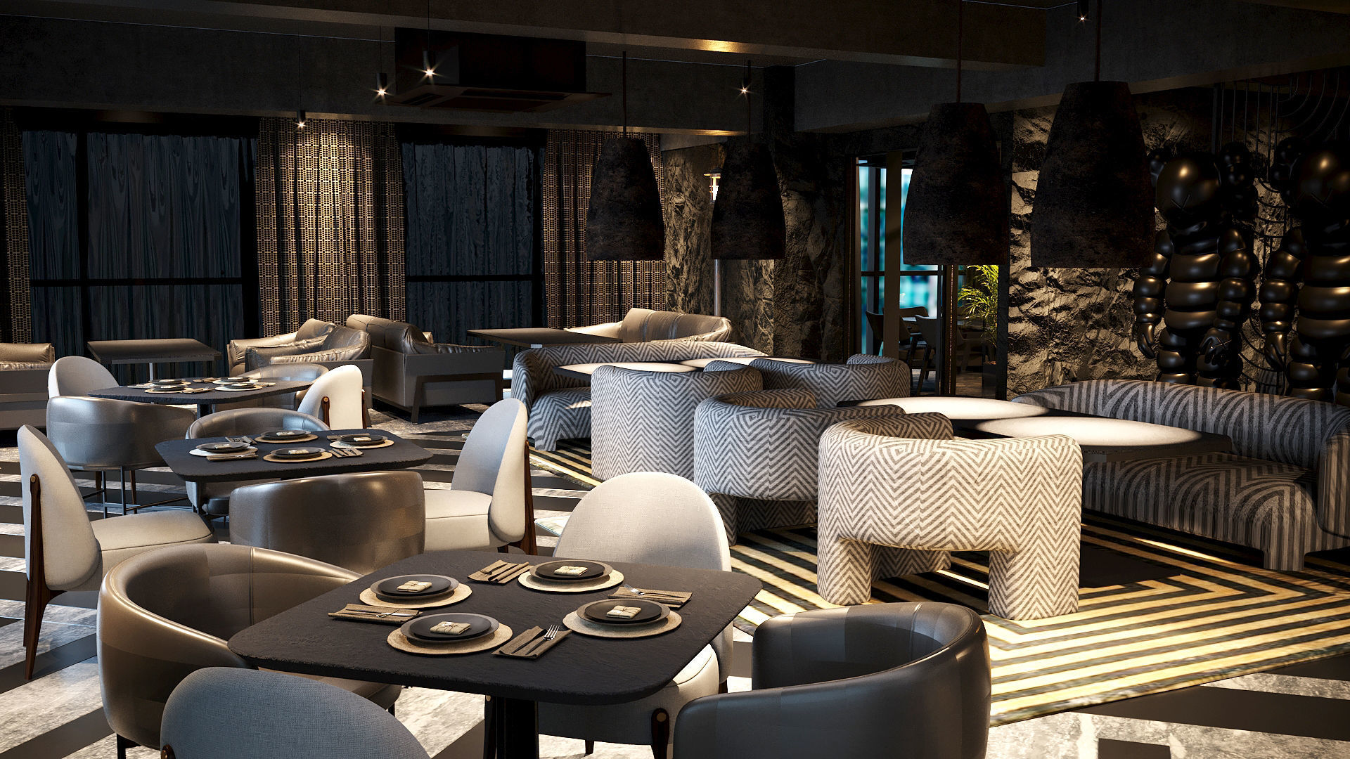 Elegant luxury restaurant lounge interior 3D model_10