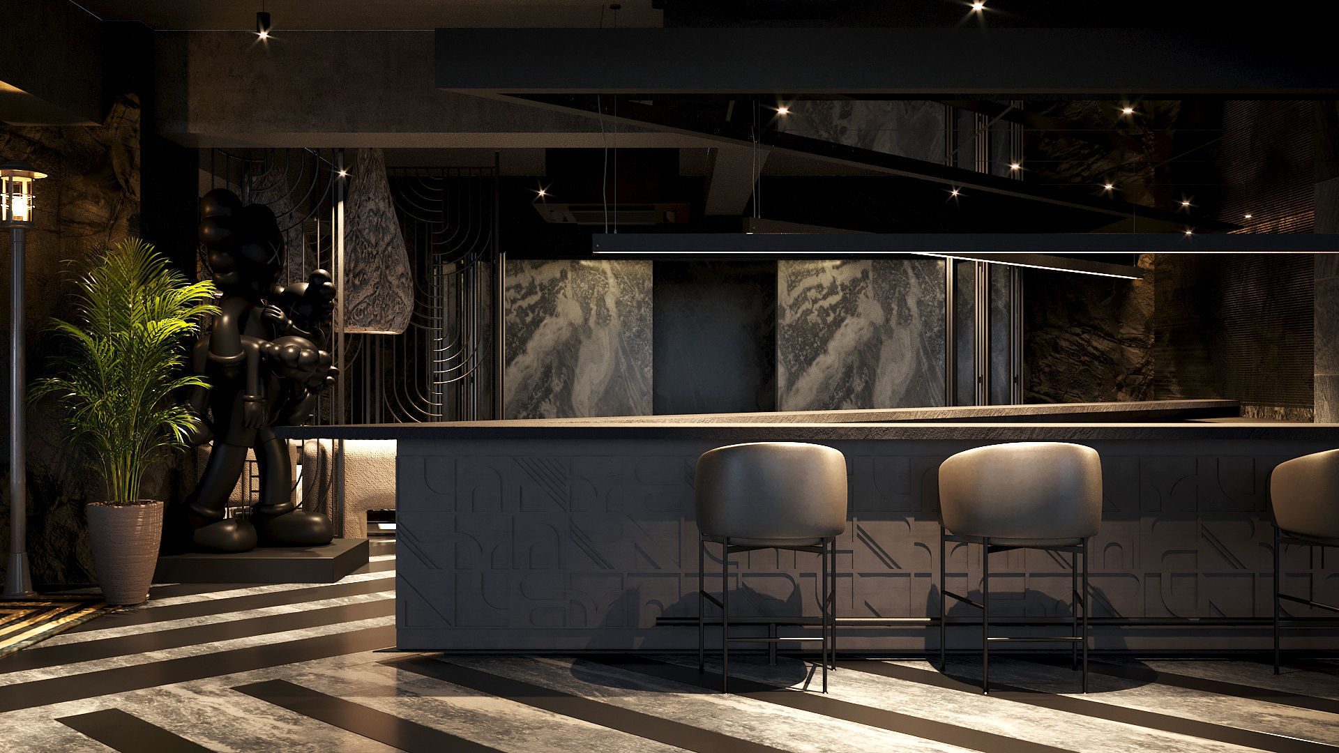 Elegant luxury restaurant lounge interior 3D model_6