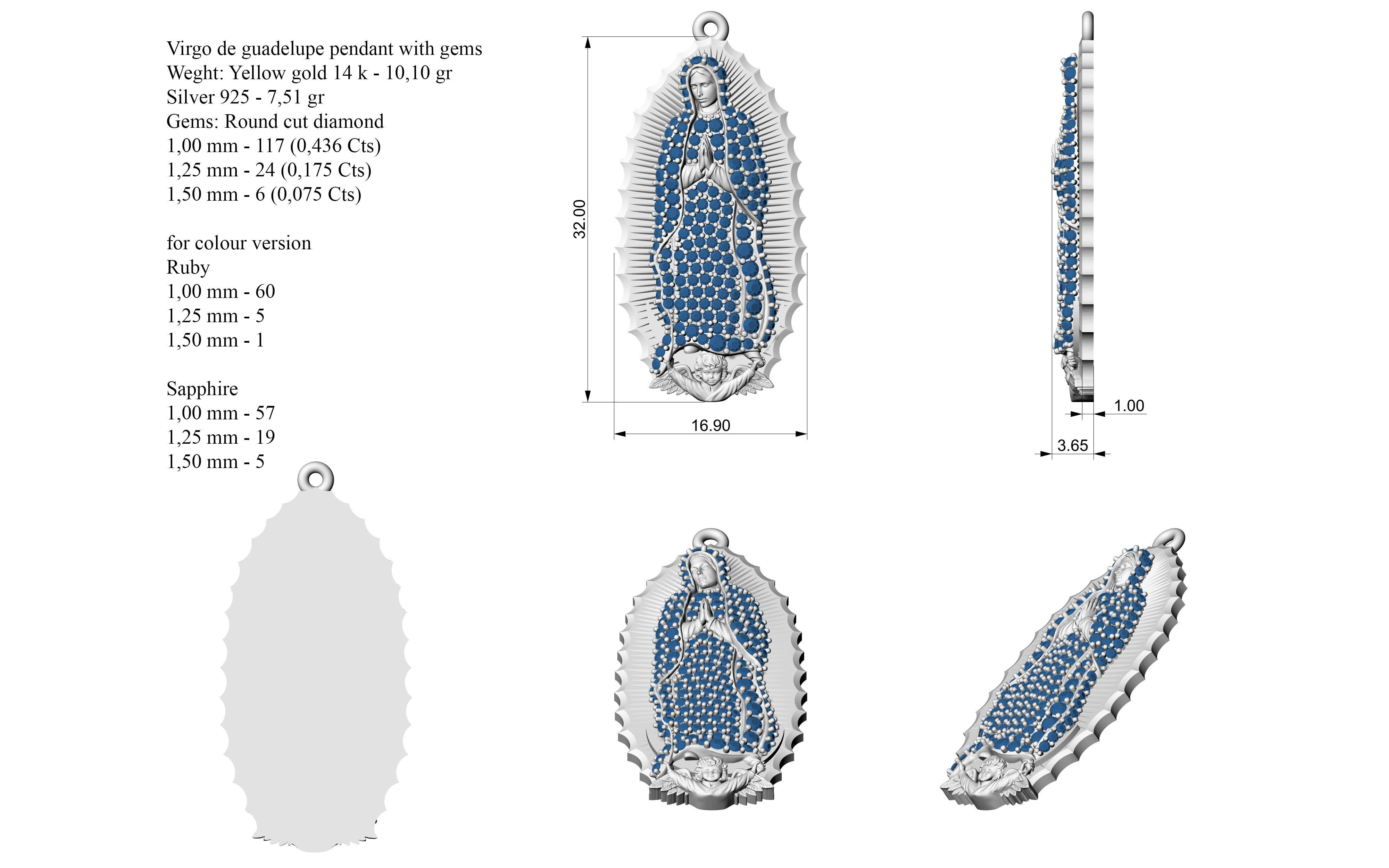 Virgo de guadelupe pendant with gems 3D print model_3