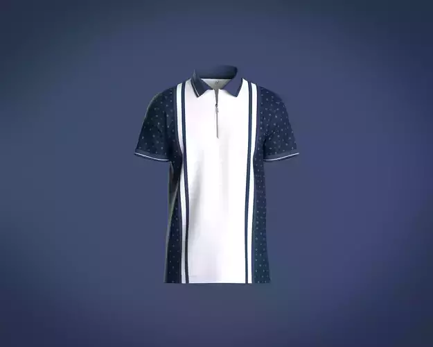 Mens white polo shirt with aop print and blue stripes