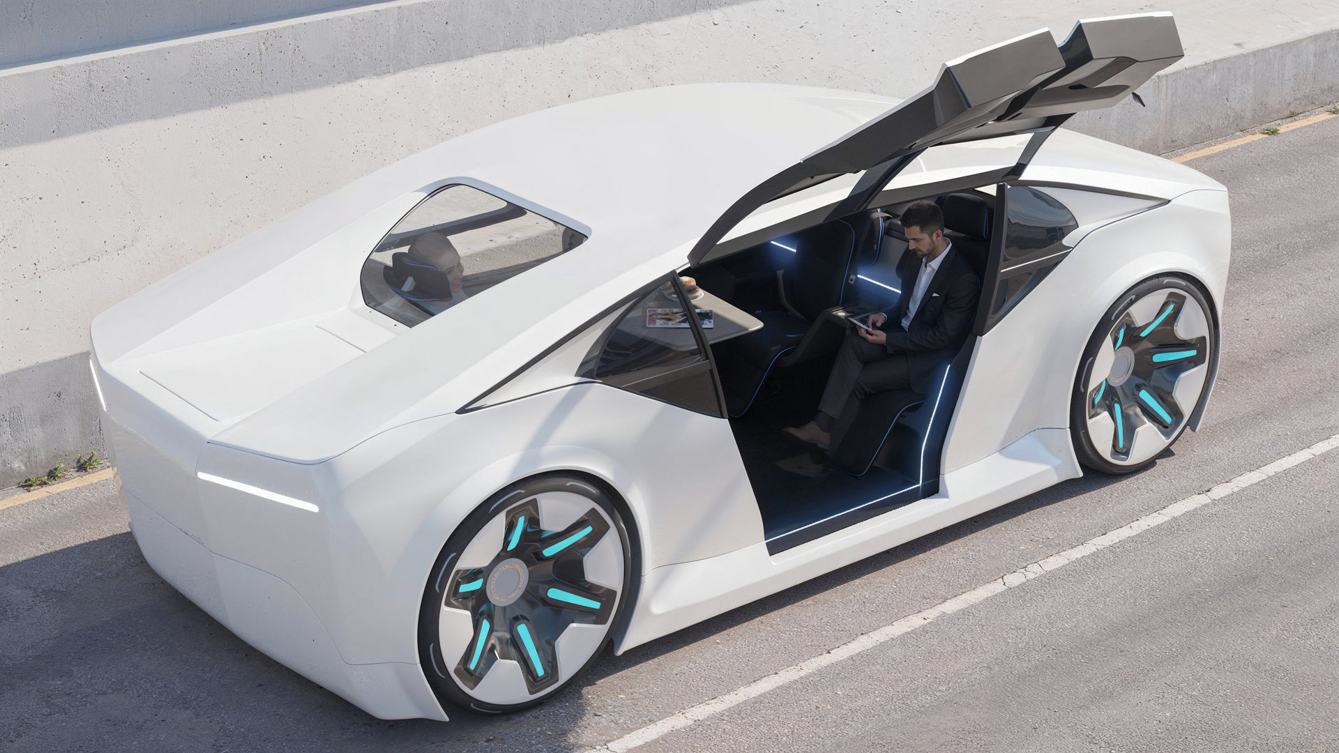 Self-driving car concept 3D with interior white 3D model_16