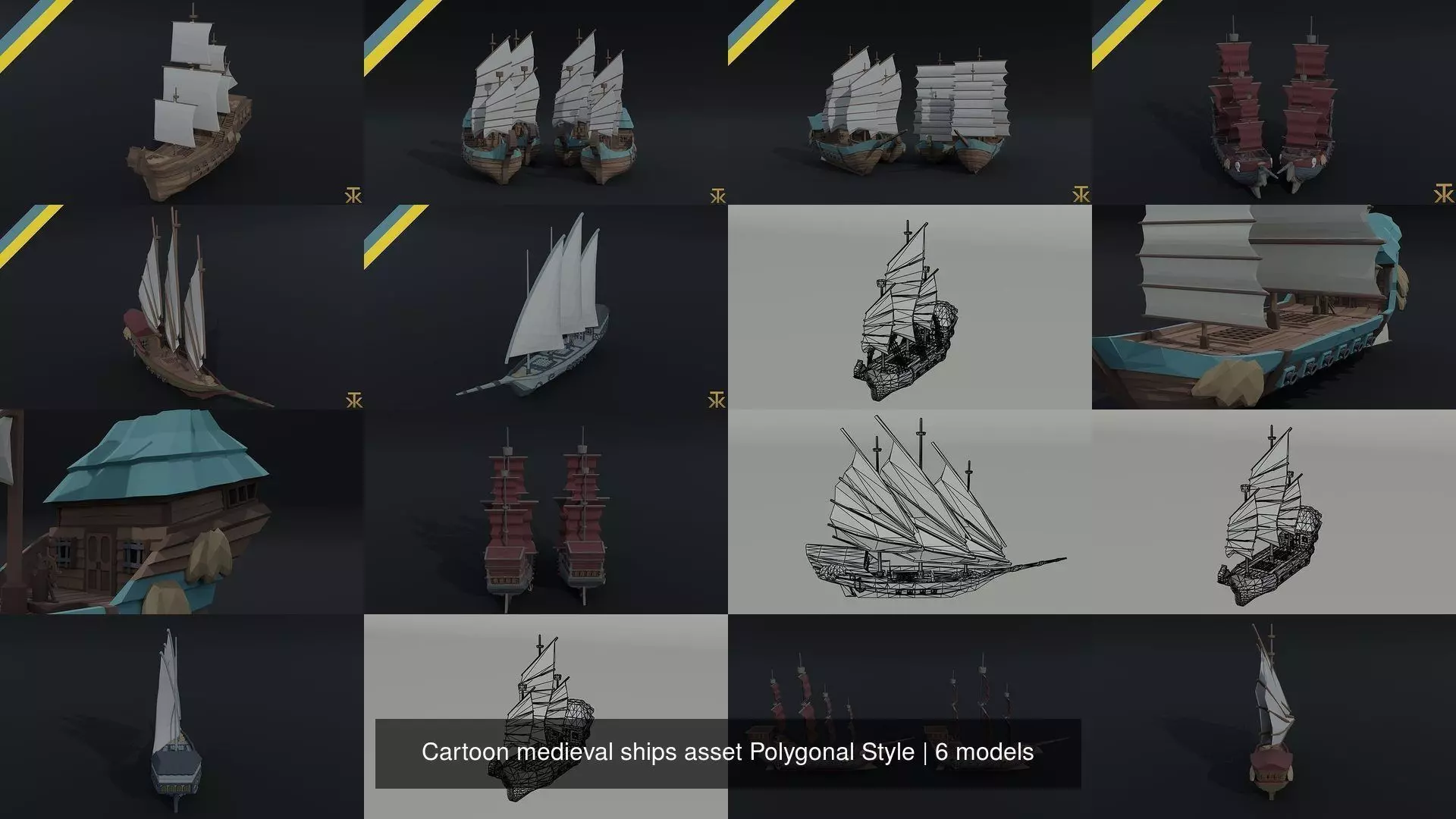 Cartoon medieval ships asset Polygonal Style 3D Model Collection_1
