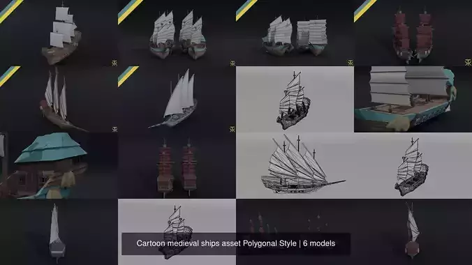 Cartoon medieval ships asset Polygonal Style