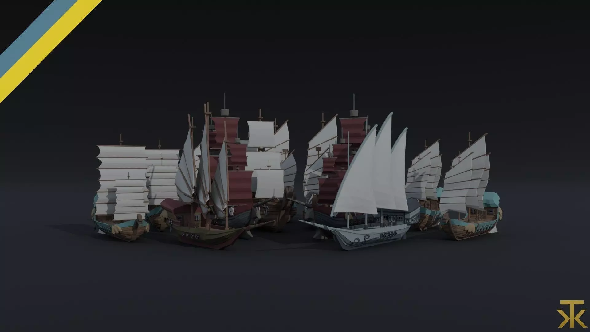 Cartoon medieval ships asset Polygonal Style 3D Model Collection_0