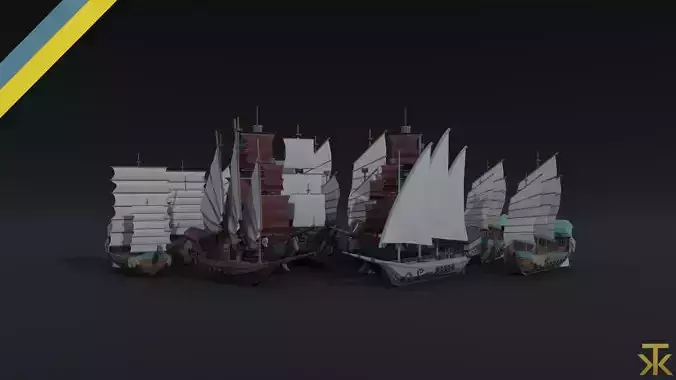 Cartoon medieval ships asset Polygonal Style