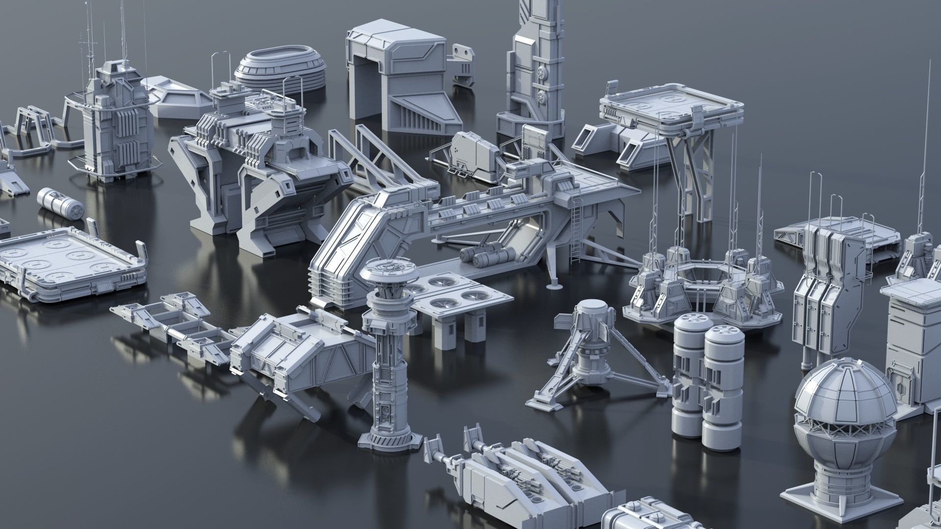 115 Sci-fi Buildings KITBASH parts and 7 Unique Sci-fi BUILDINGS 3D Model Collection_41