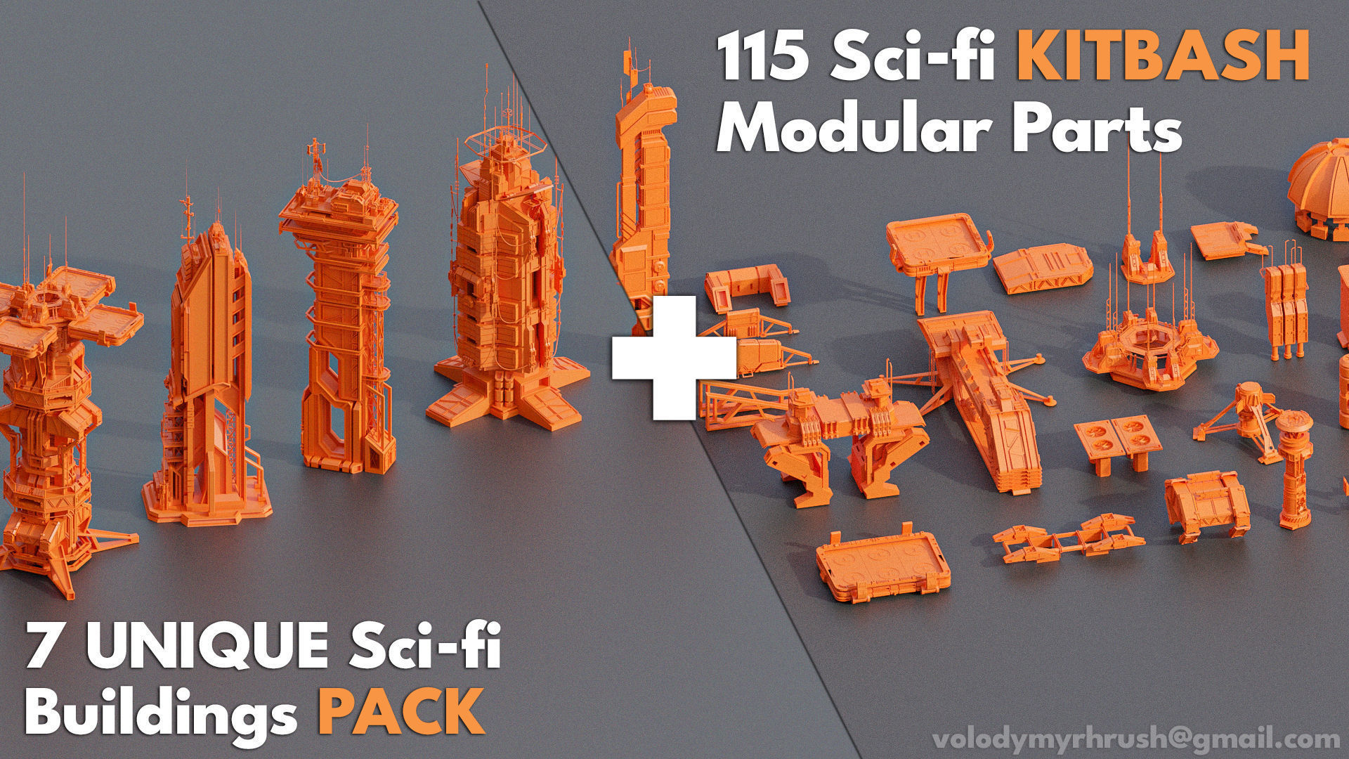 115 Sci-fi Buildings KITBASH parts and 7 Unique Sci-fi BUILDINGS 3D Model Collection_4