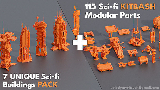 115 Sci-fi Buildings KITBASH parts and 7 Unique Sci-fi BUILDINGS 3D Model Pack 4