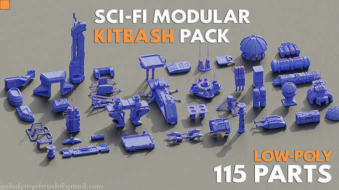 115 Sci-fi Buildings KITBASH parts and 7 Unique Sci-fi BUILDINGS 3D Model Pack 6