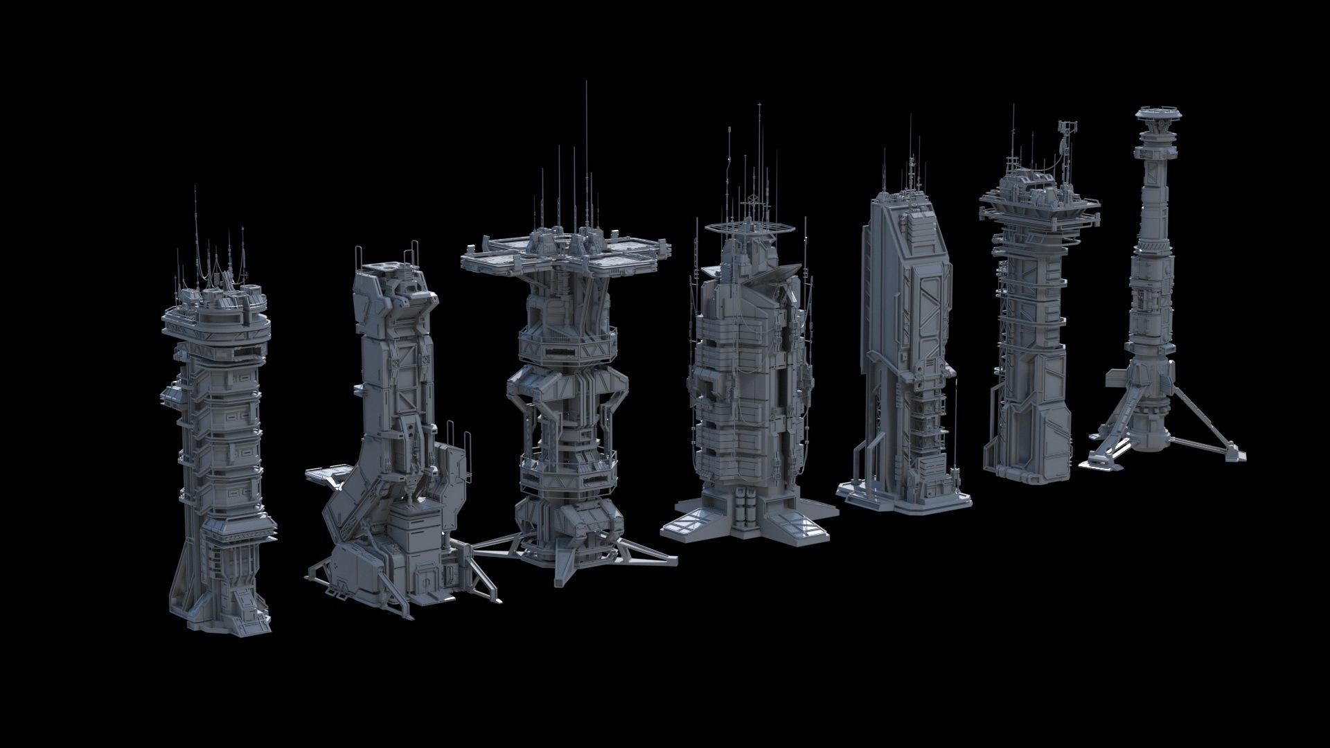 115 Sci-fi Buildings KITBASH parts and 7 Unique Sci-fi BUILDINGS 3D Model Collection_13