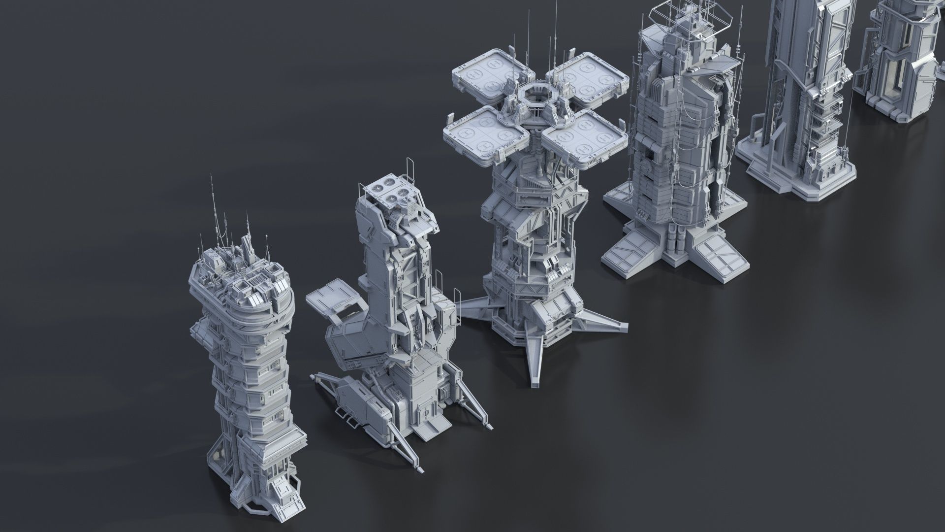 115 Sci-fi Buildings KITBASH parts and 7 Unique Sci-fi BUILDINGS 3D Model Collection_17