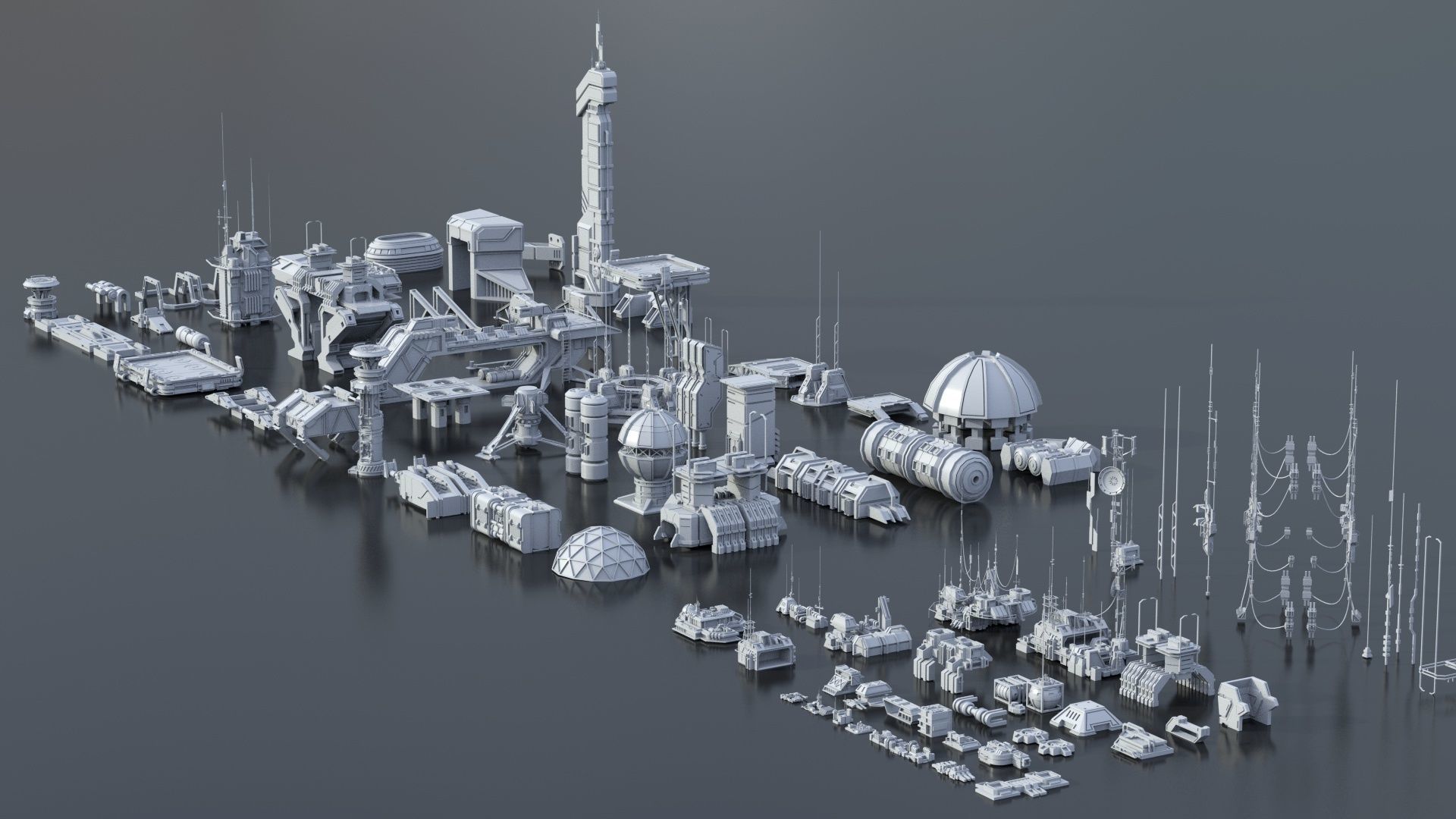 115 Sci-fi Buildings KITBASH parts and 7 Unique Sci-fi BUILDINGS 3D Model Collection_44