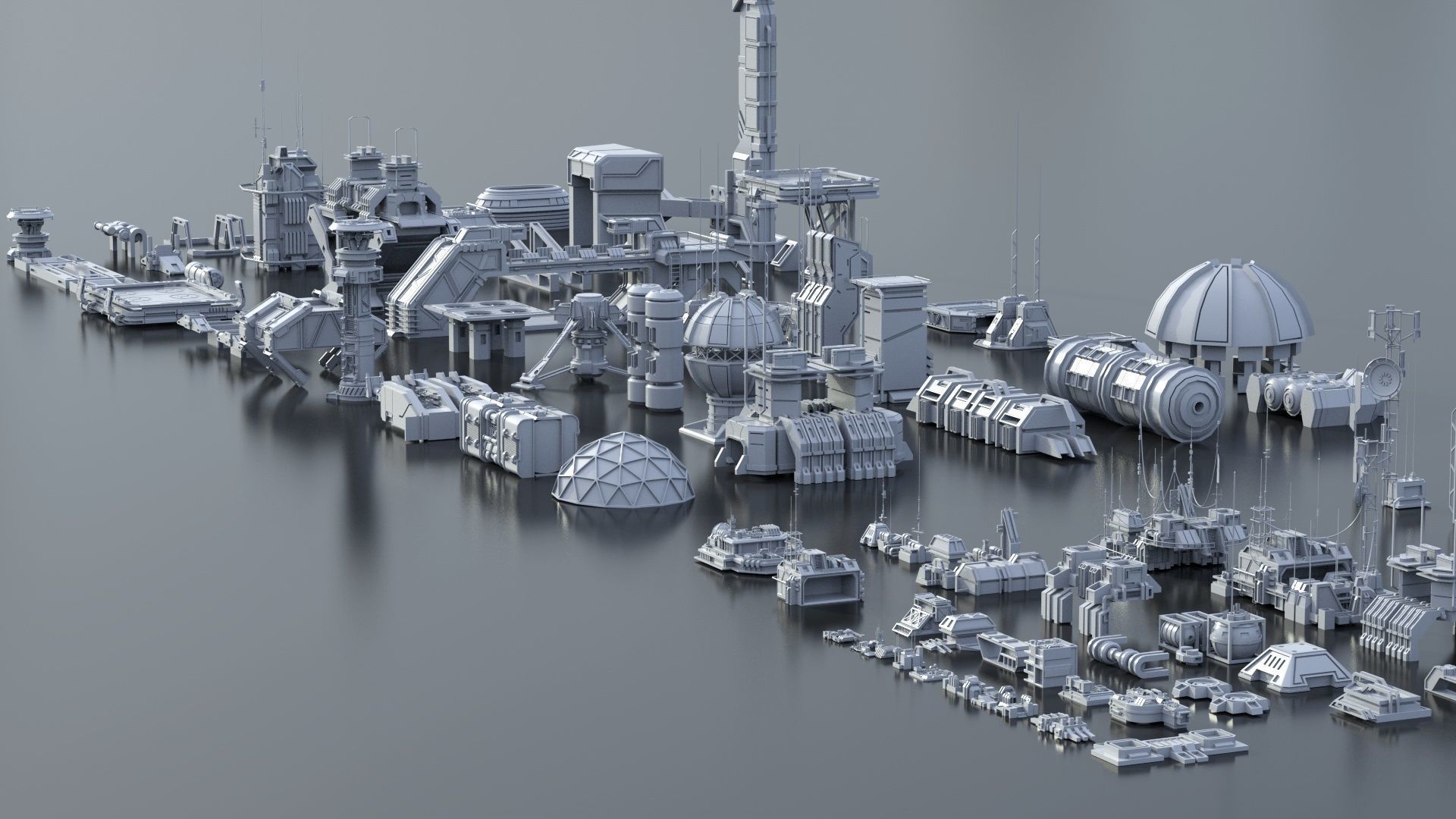 115 Sci-fi Buildings KITBASH parts and 7 Unique Sci-fi BUILDINGS 3D Model Collection_36