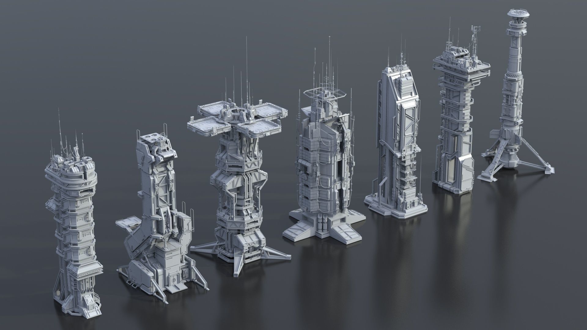 115 Sci-fi Buildings KITBASH parts and 7 Unique Sci-fi BUILDINGS 3D Model Collection_20
