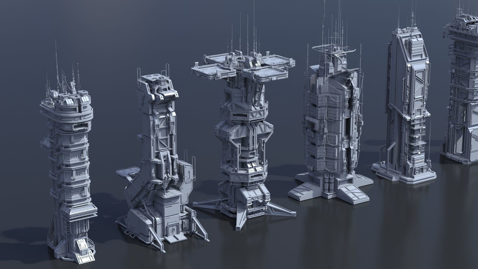 115 Sci-fi Buildings KITBASH parts and 7 Unique Sci-fi BUILDINGS 3D Model Collection_16