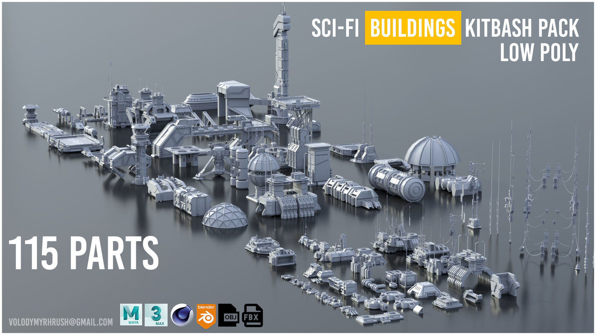 115 Sci-fi Buildings KITBASH parts and 7 Unique Sci-fi BUILDINGS 3D Model Collection_8