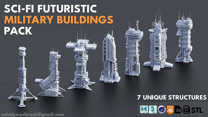 115 Sci-fi Buildings KITBASH parts and 7 Unique Sci-fi BUILDINGS 3D Model Pack 5