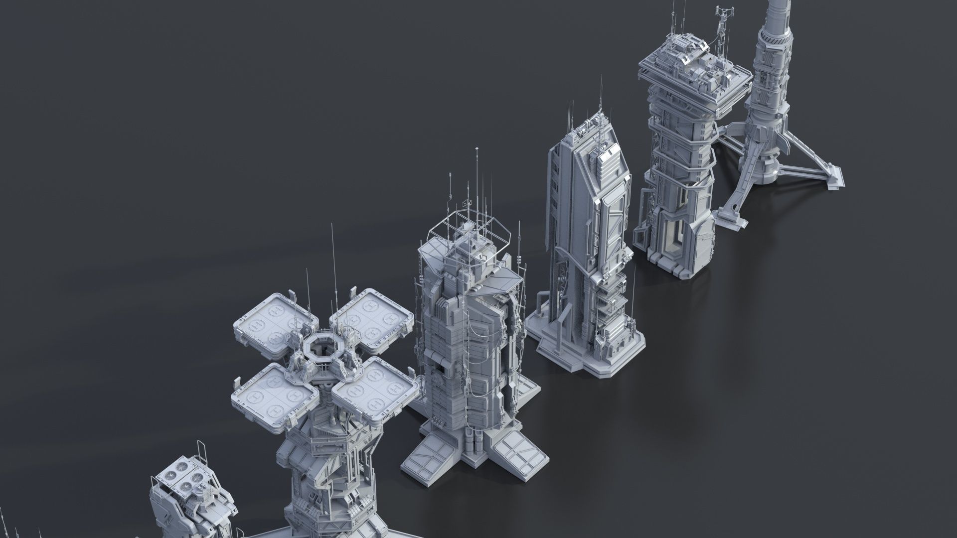 115 Sci-fi Buildings KITBASH parts and 7 Unique Sci-fi BUILDINGS 3D Model Collection_11