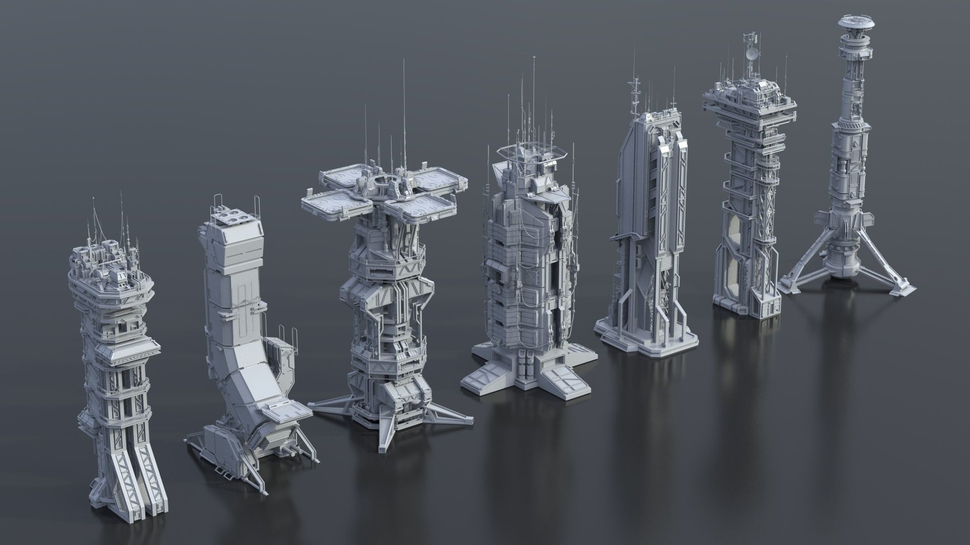 115 Sci-fi Buildings KITBASH parts and 7 Unique Sci-fi BUILDINGS 3D Model Collection_22