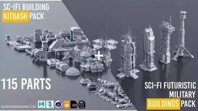 115 Sci-fi Buildings KITBASH parts and 7 Unique Sci-fi BUILDINGS 3D Model Collection
