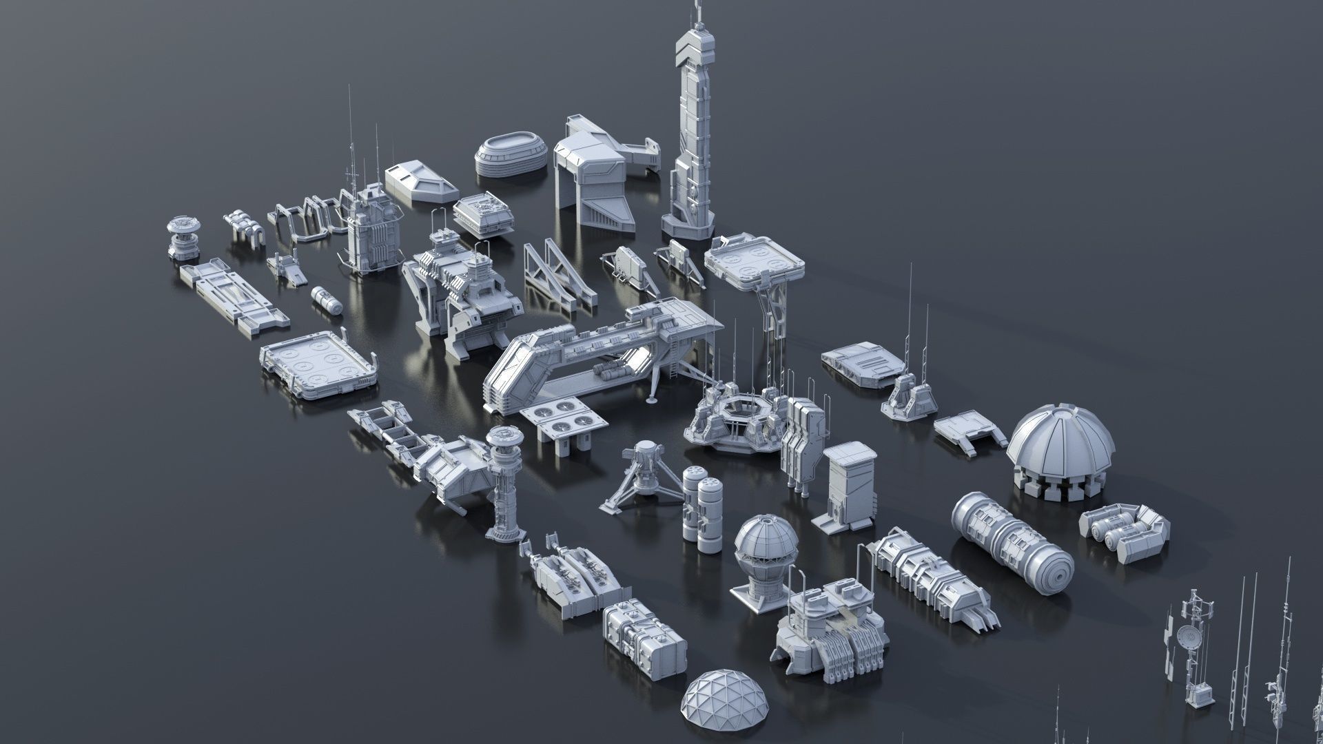 115 Sci-fi Buildings KITBASH parts and 7 Unique Sci-fi BUILDINGS 3D Model Collection_35