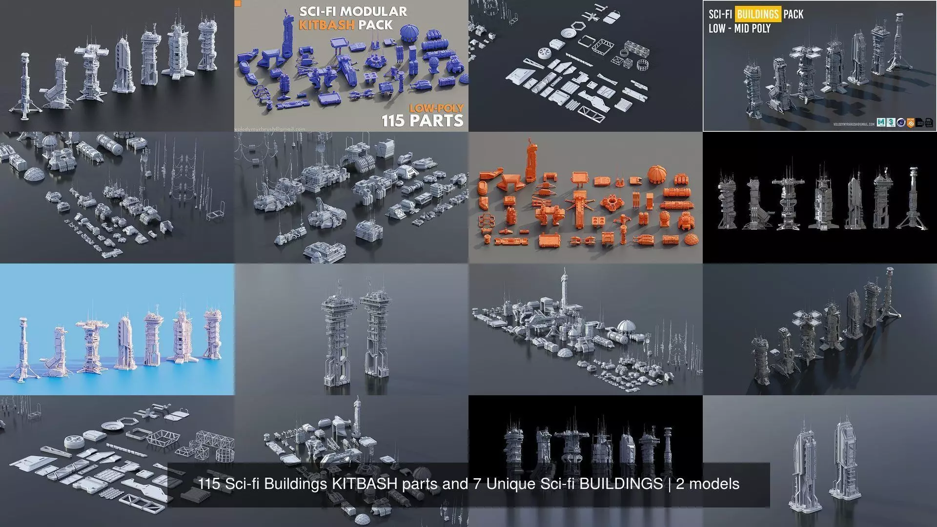 115 Sci-fi Buildings KITBASH parts and 7 Unique Sci-fi BUILDINGS 3D Model Collection_2