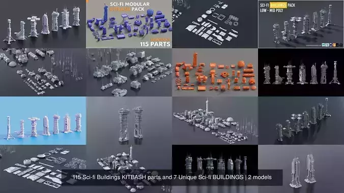 115 Sci-fi Buildings KITBASH parts and 7 Unique Sci-fi BUILDINGS 3D Model Pack 2