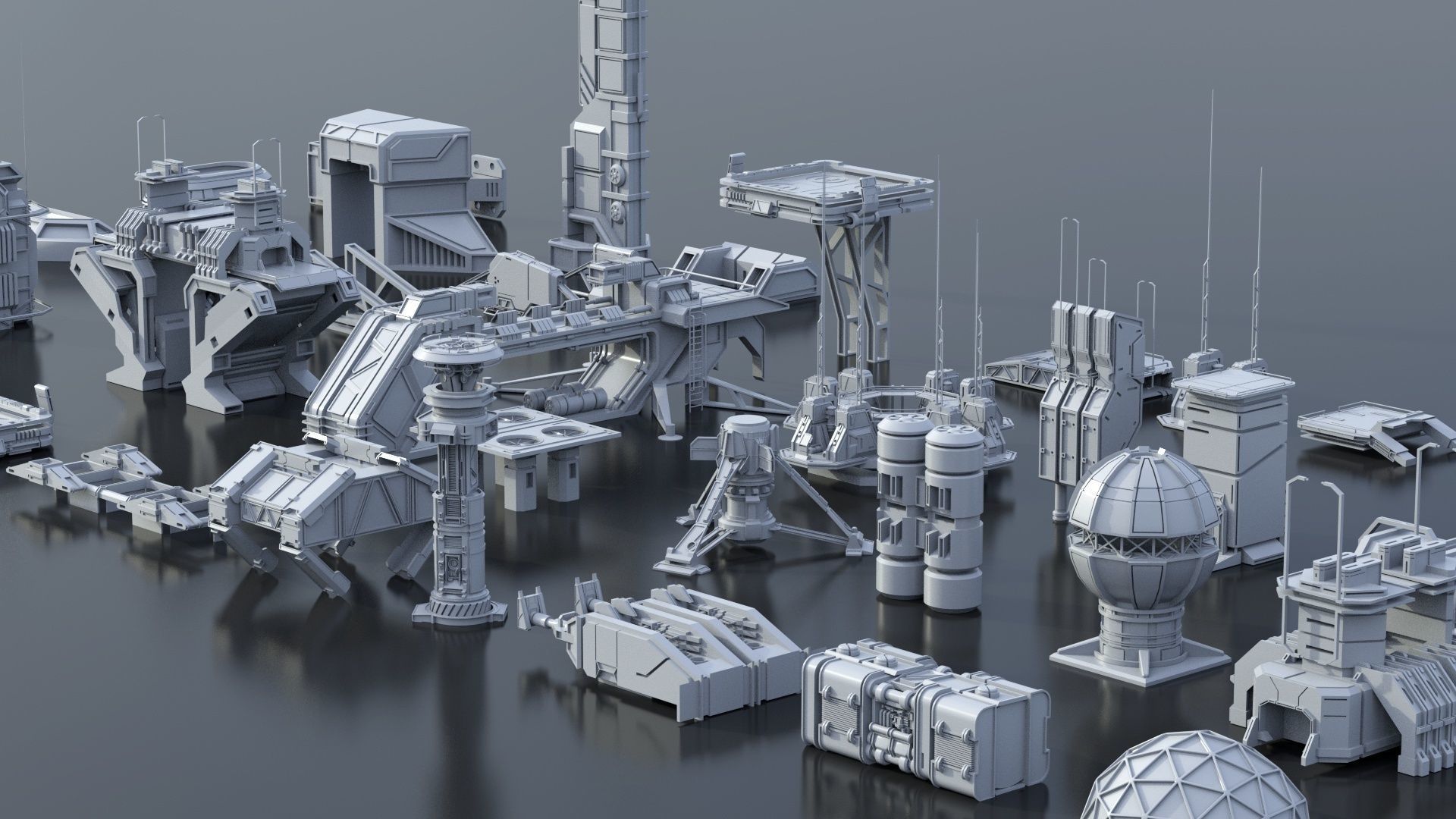 115 Sci-fi Buildings KITBASH parts and 7 Unique Sci-fi BUILDINGS 3D Model Collection_47