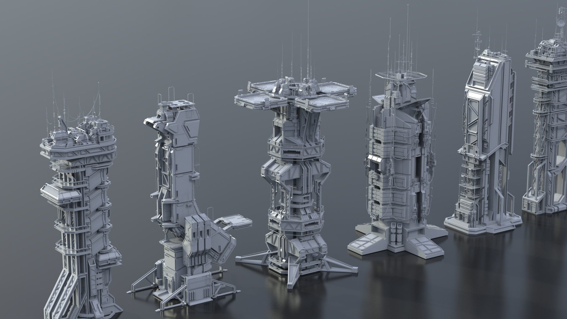 115 Sci-fi Buildings KITBASH parts and 7 Unique Sci-fi BUILDINGS 3D Model Collection_19