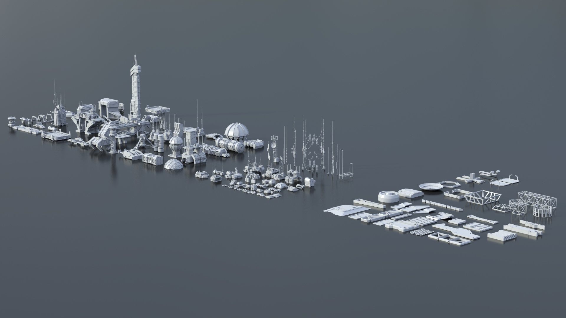 115 Sci-fi Buildings KITBASH parts and 7 Unique Sci-fi BUILDINGS 3D Model Collection_29