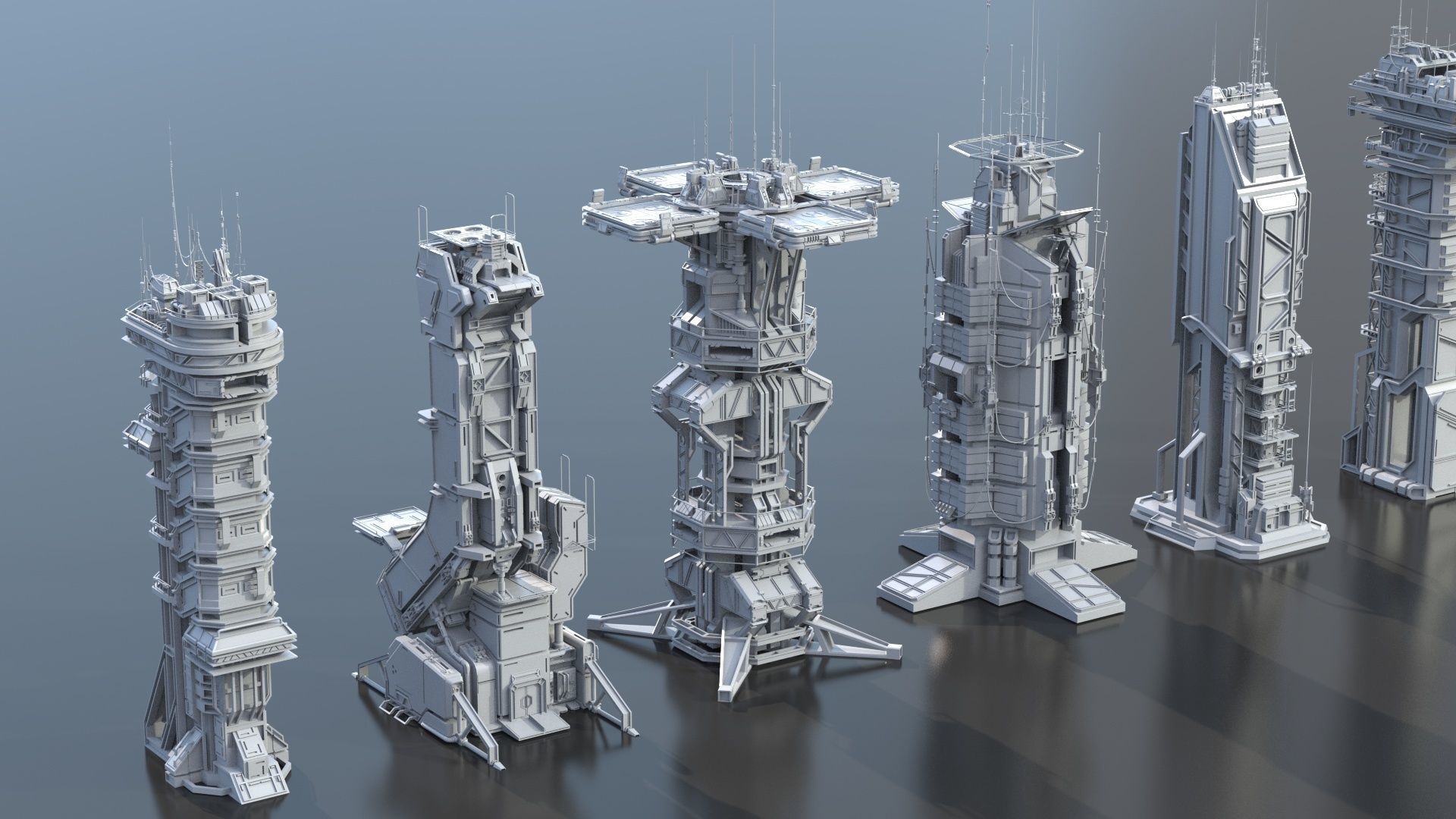 115 Sci-fi Buildings KITBASH parts and 7 Unique Sci-fi BUILDINGS 3D Model Collection_21