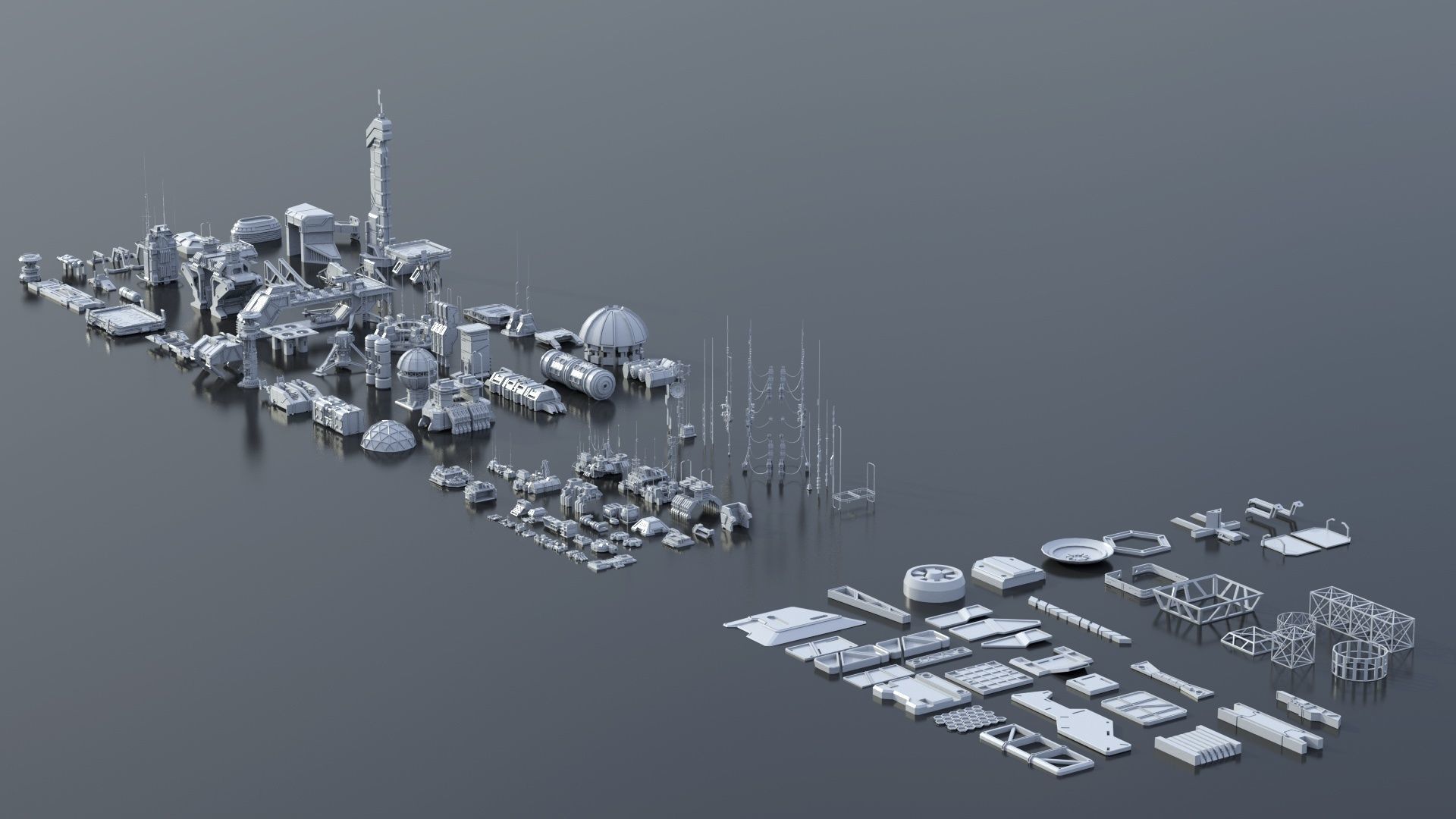 115 Sci-fi Buildings KITBASH parts and 7 Unique Sci-fi BUILDINGS 3D Model Collection_28
