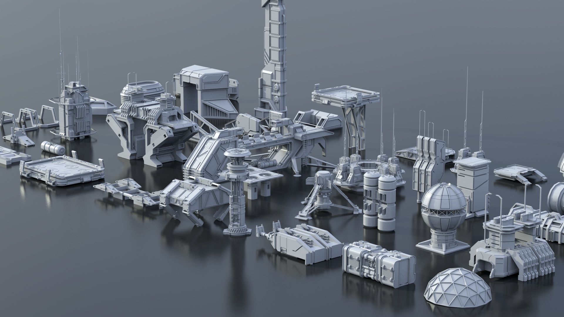 115 Sci-fi Buildings KITBASH parts and 7 Unique Sci-fi BUILDINGS 3D Model Collection_50