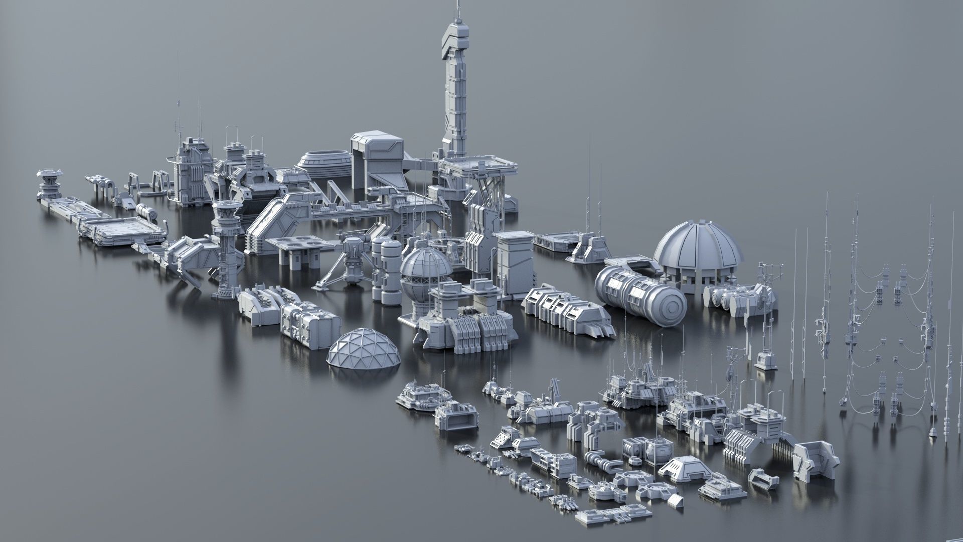 115 Sci-fi Buildings KITBASH parts and 7 Unique Sci-fi BUILDINGS 3D Model Collection_26