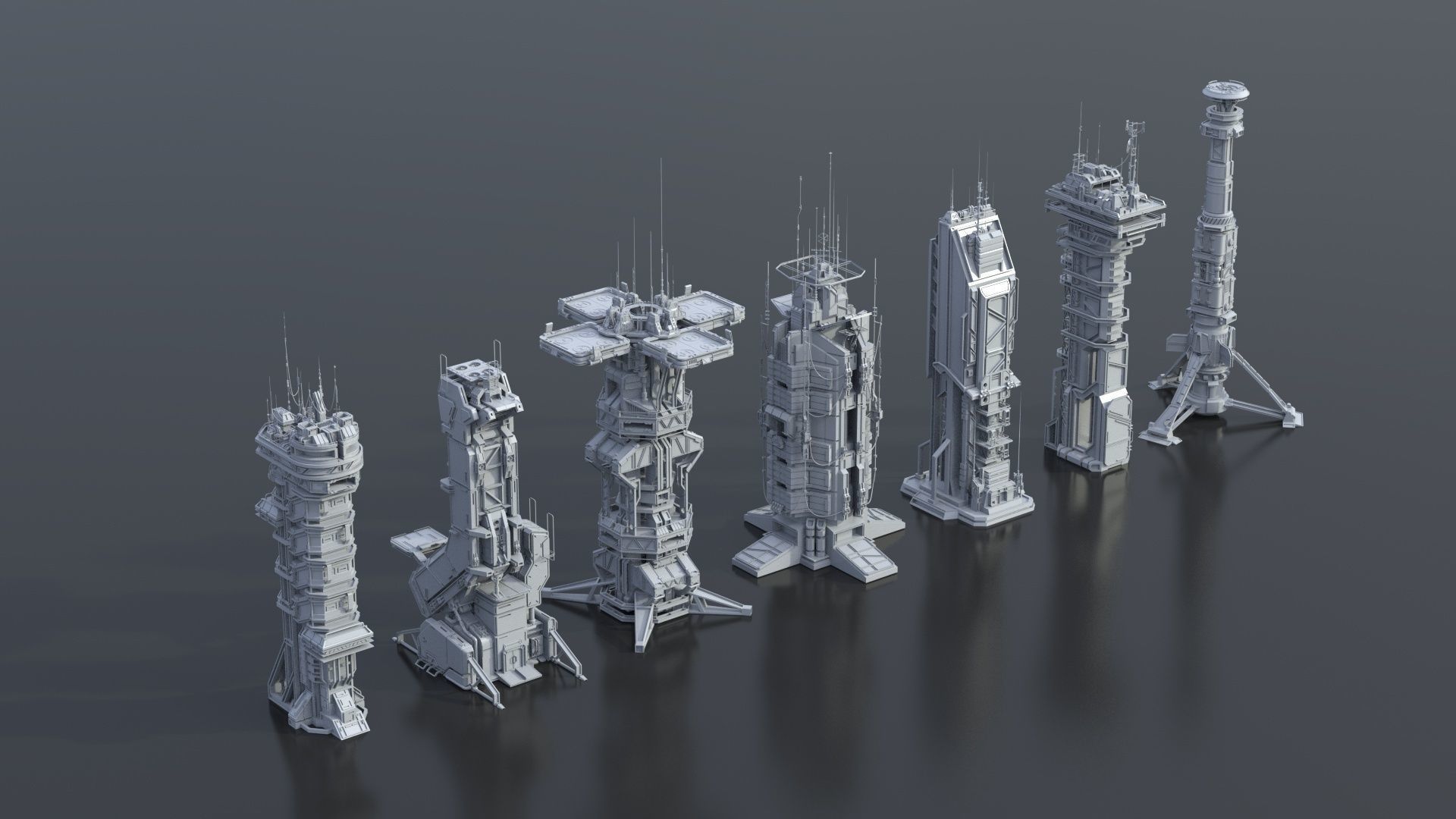 115 Sci-fi Buildings KITBASH parts and 7 Unique Sci-fi BUILDINGS 3D Model Collection_18