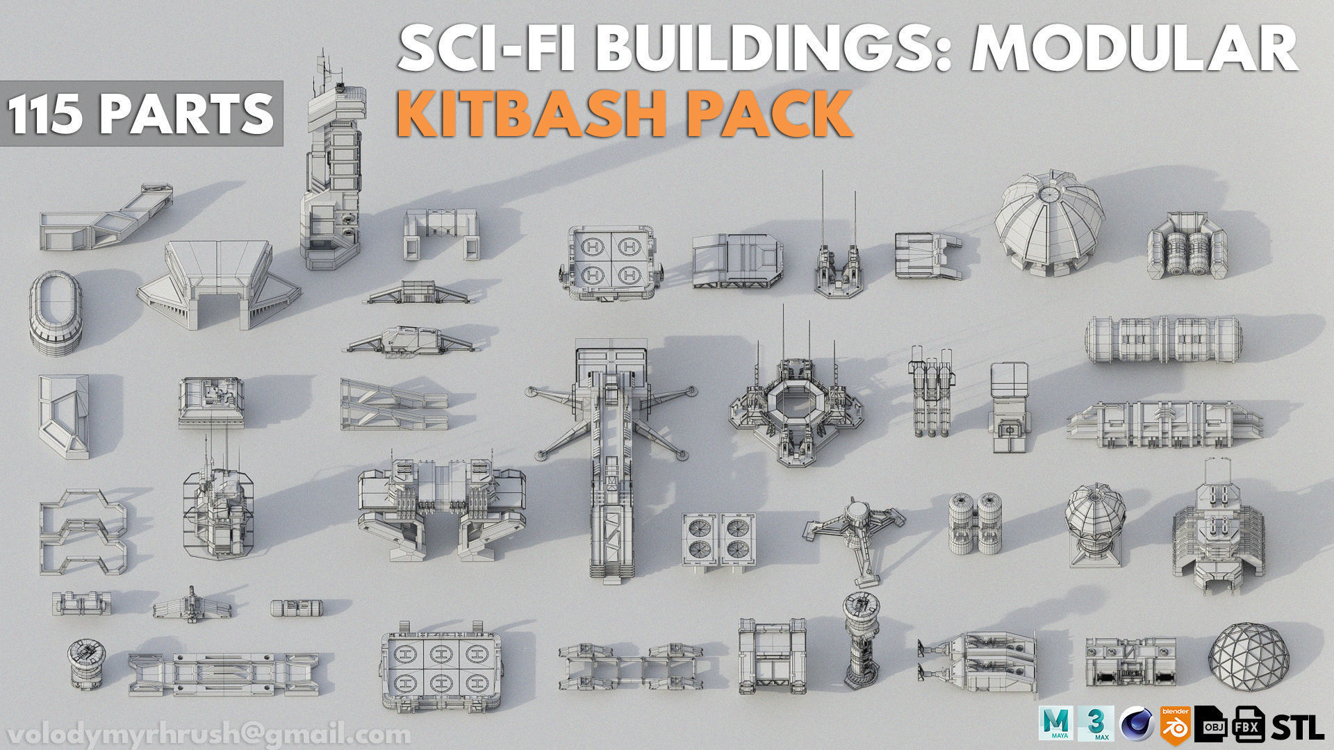 115 Sci-fi Buildings KITBASH parts and 7 Unique Sci-fi BUILDINGS 3D Model Collection_7
