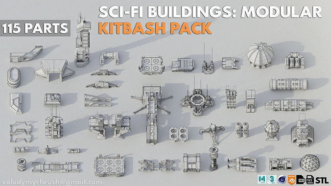115 Sci-fi Buildings KITBASH parts and 7 Unique Sci-fi BUILDINGS 3D Model Pack 7
