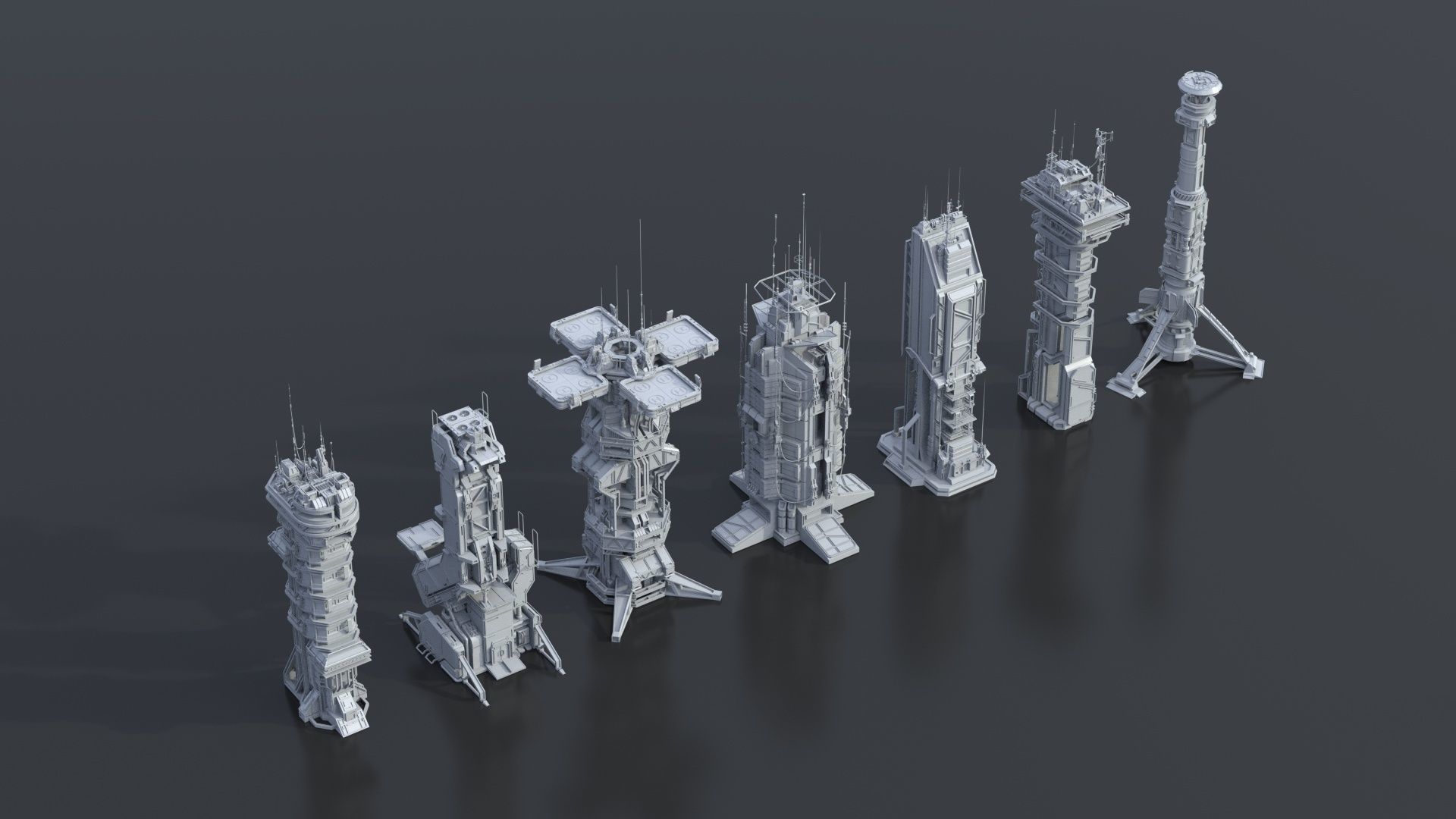 115 Sci-fi Buildings KITBASH parts and 7 Unique Sci-fi BUILDINGS 3D Model Collection_12