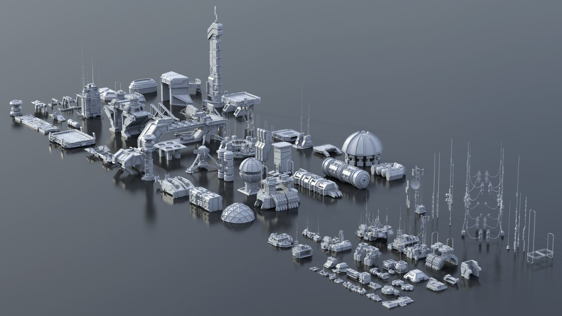 115 Sci-fi Buildings KITBASH parts and 7 Unique Sci-fi BUILDINGS 3D Model Collection_30