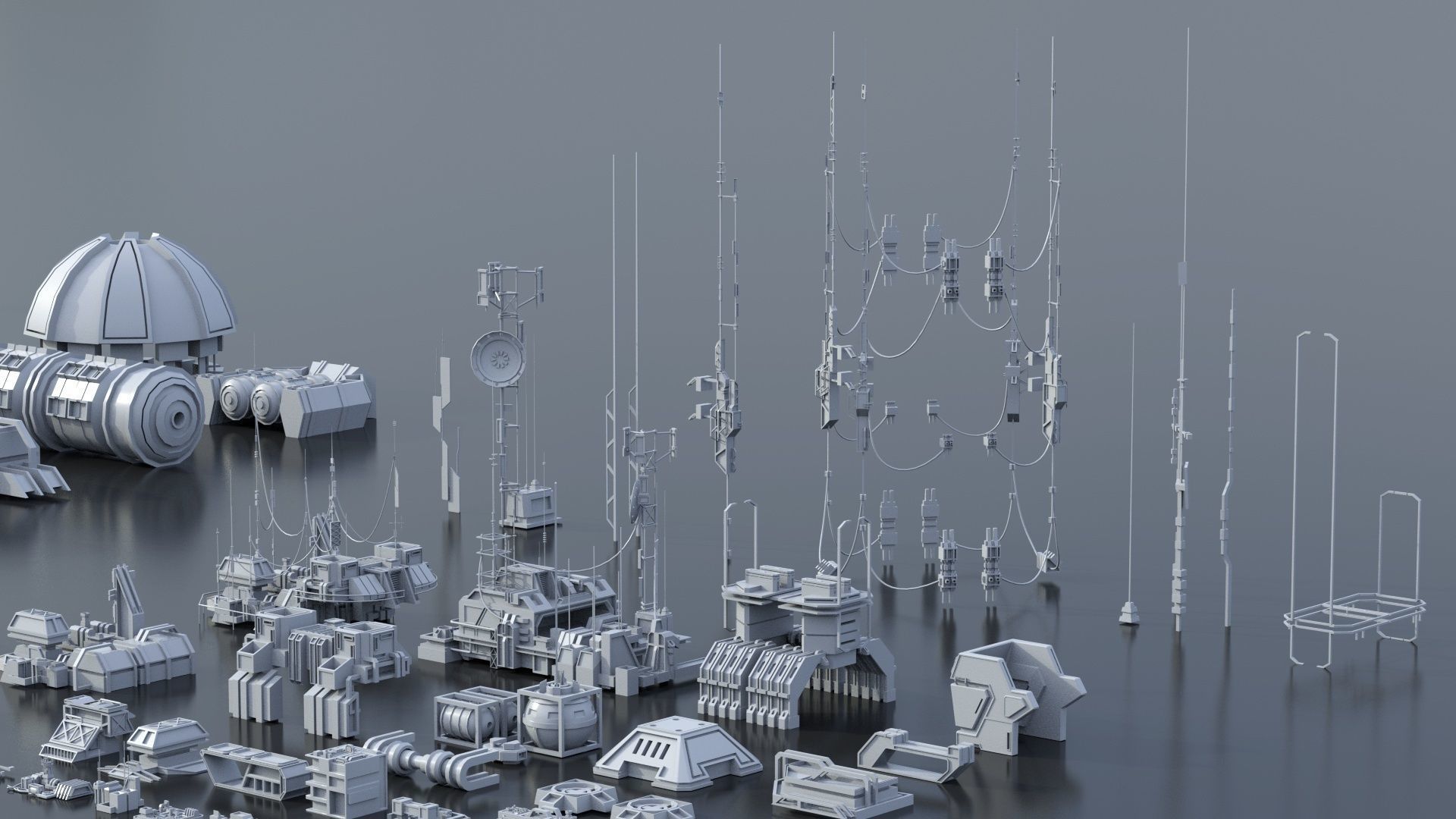 115 Sci-fi Buildings KITBASH parts and 7 Unique Sci-fi BUILDINGS 3D Model Collection_48