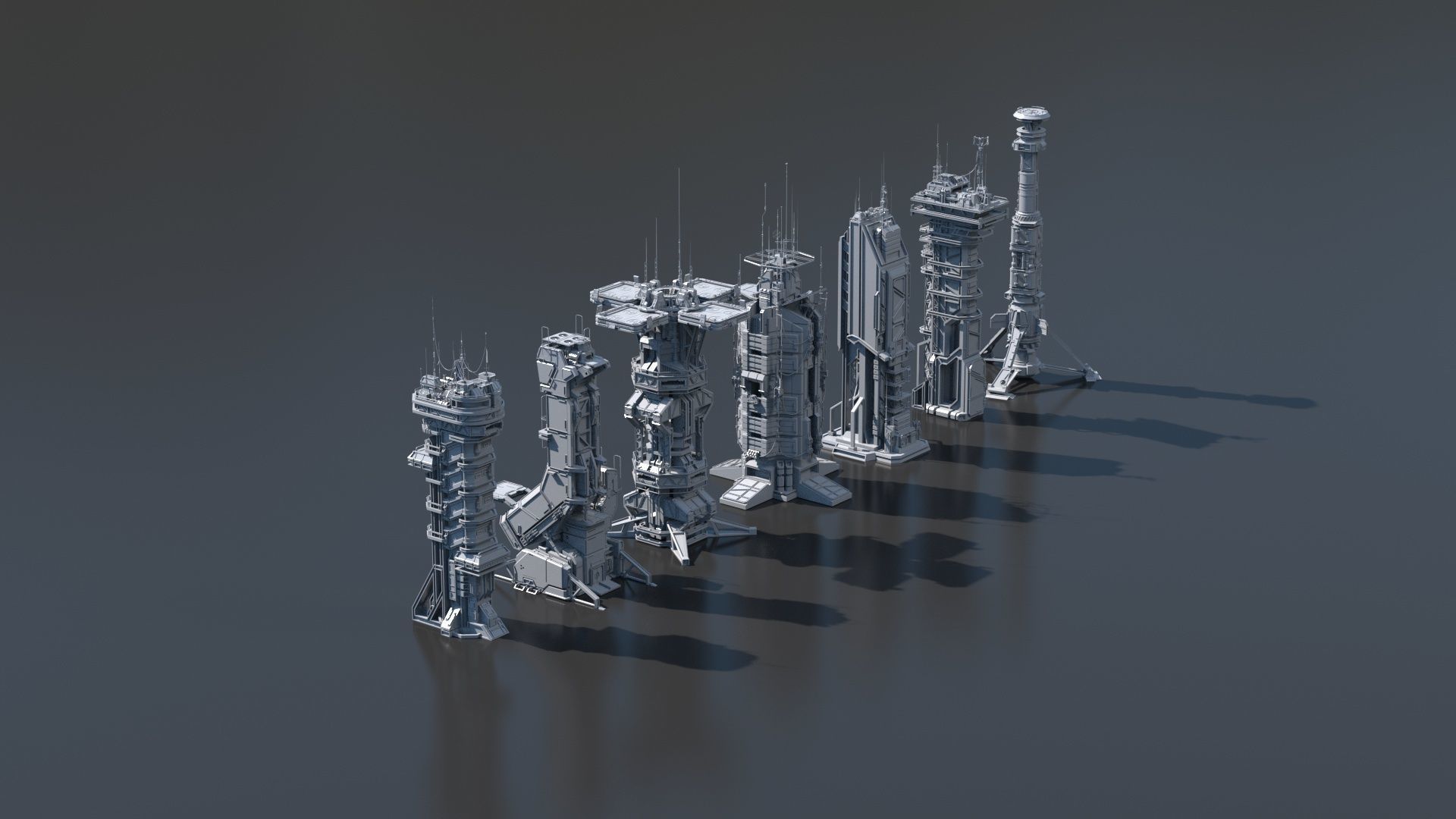 115 Sci-fi Buildings KITBASH parts and 7 Unique Sci-fi BUILDINGS 3D Model Collection_24