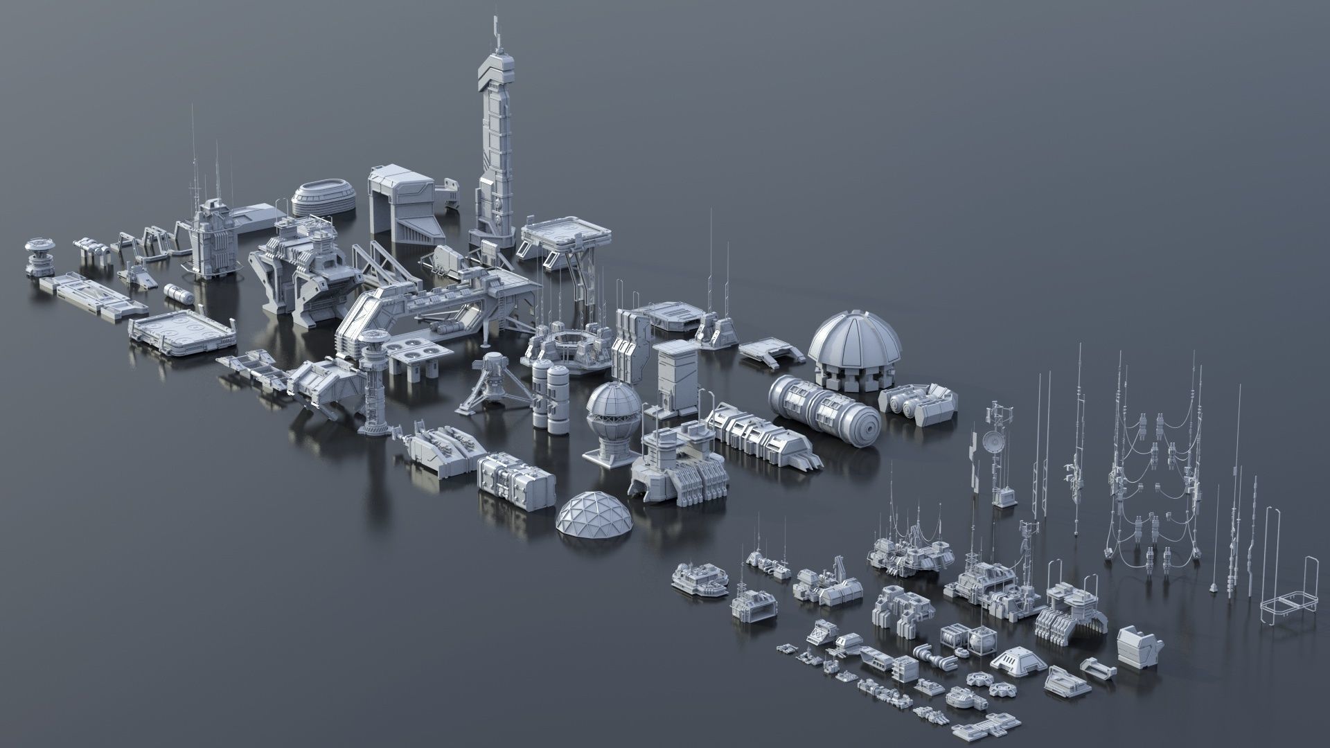 115 Sci-fi Buildings KITBASH parts and 7 Unique Sci-fi BUILDINGS 3D Model Collection_39