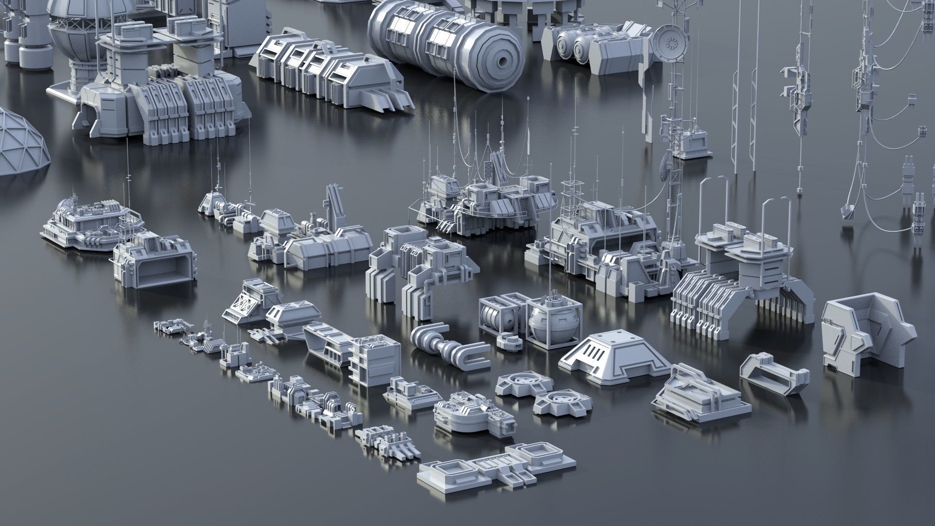 115 Sci-fi Buildings KITBASH parts and 7 Unique Sci-fi BUILDINGS 3D Model Collection_45