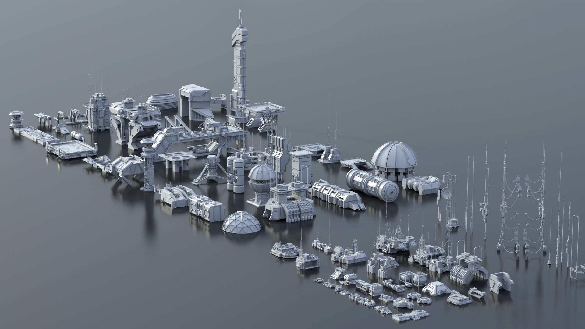 115 Sci-fi Buildings KITBASH parts and 7 Unique Sci-fi BUILDINGS 3D Model Collection_37