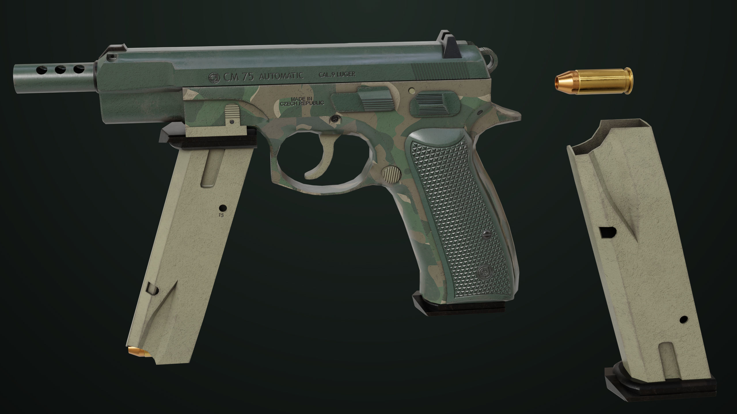 Pistol 09 Military Green Generic All PBR UE Textures Low-poly 3D model_6