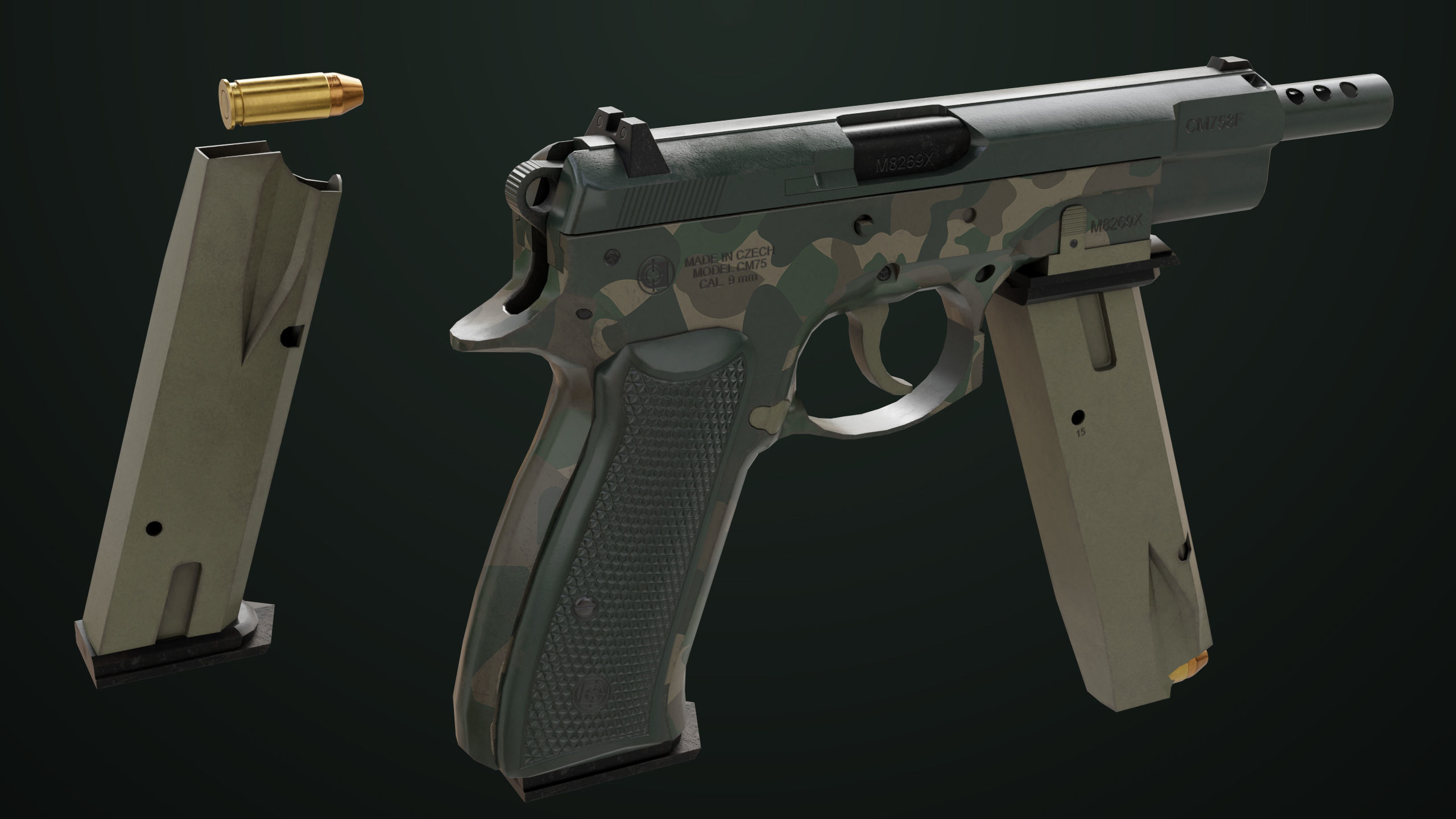 Pistol 09 Military Green Generic All PBR UE Textures Low-poly 3D model_41