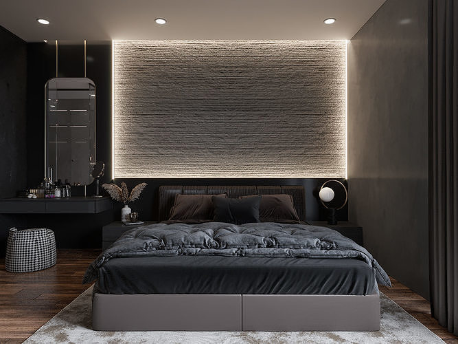 Black modern bedroom interior scene with corona render 3D model