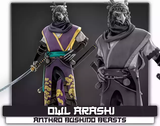 Owl Arashi - Anthro Bushido Beasts - Katana Realistic - 34 Low-poly 3D model