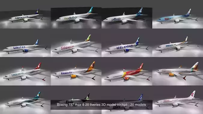 Boeing 737 max 8 20 liveries 3D model cockpit 3D Model Collection
