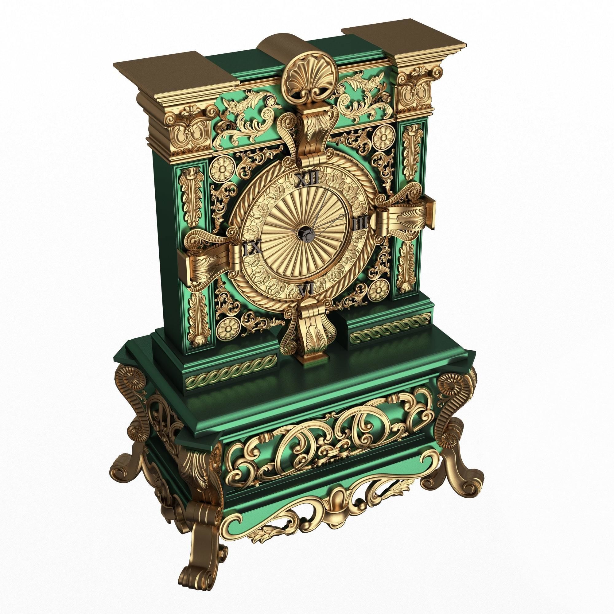 Casket Clock Carved 01 Green Low-poly 3D model_1